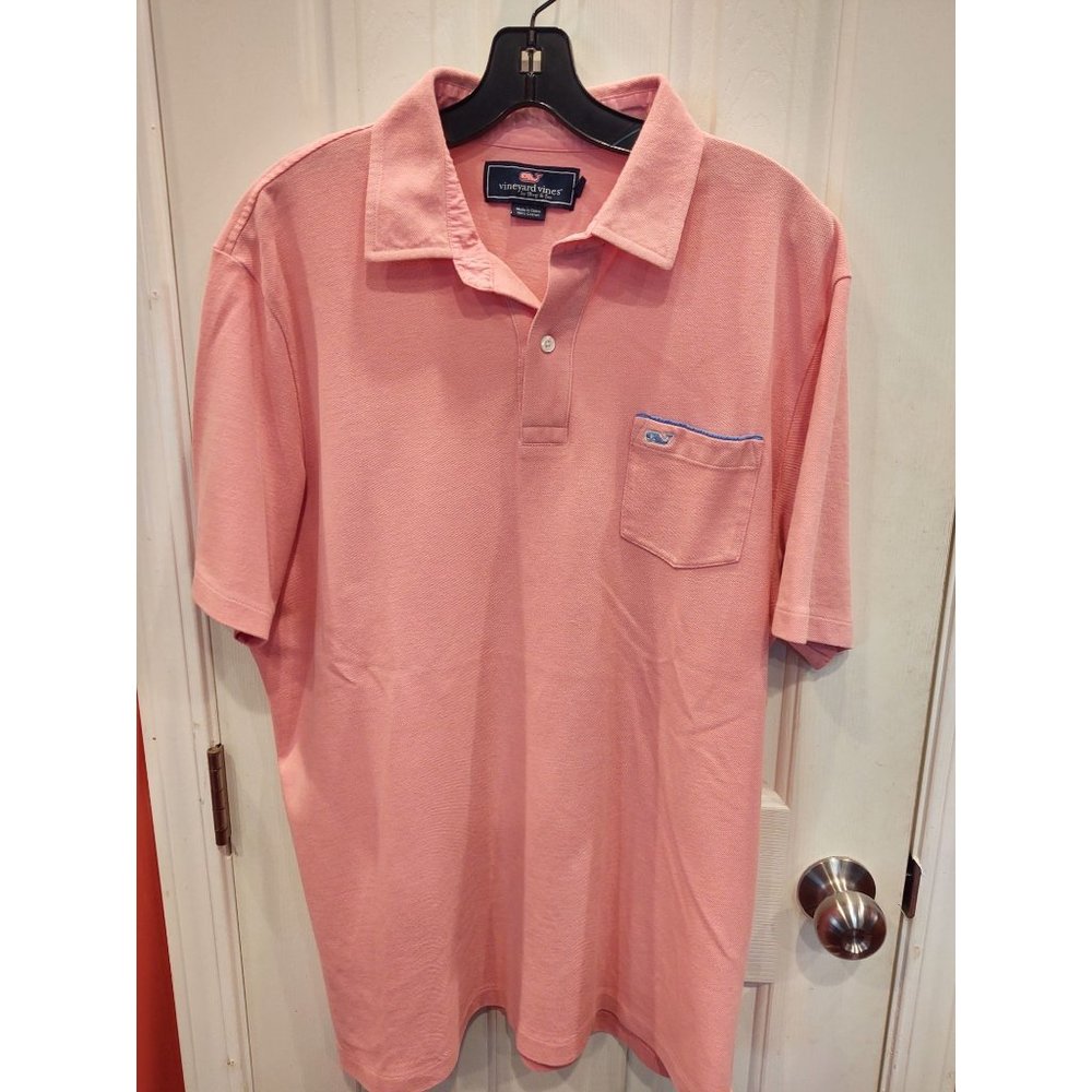 Vineyard Vines Mens Polo Shirt L Pink Short Sleeve Pocket Whale Pique Golf